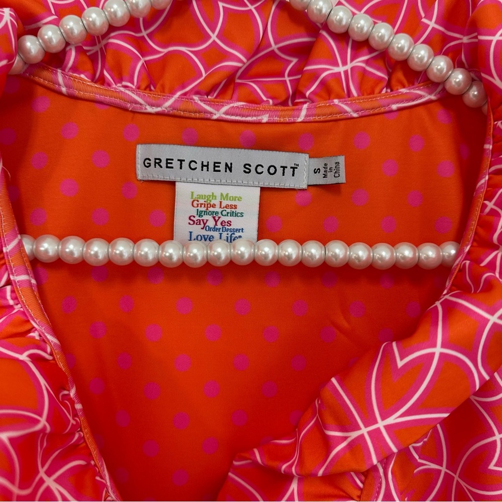 Gretchen Scott Jersey Ruffneck Dress in Geometric Floral Pink and Orange - Picture 6 of 7